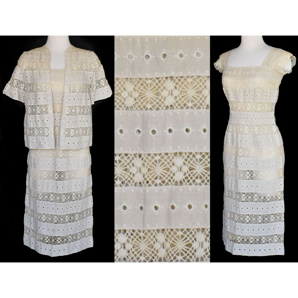 Vintage 50s Embroidered Eyelet Linen and Lace Dress and Jacket Set, Size XS 2XS
